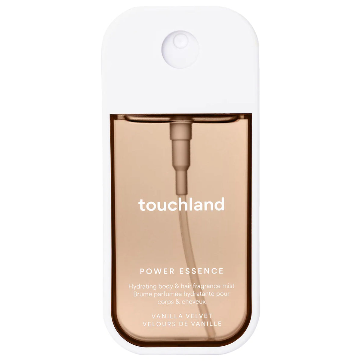 Touchland Power Essence body and hair fragrance in 60ml bottle, with sleek design and vibrant branding for a refreshing scent.