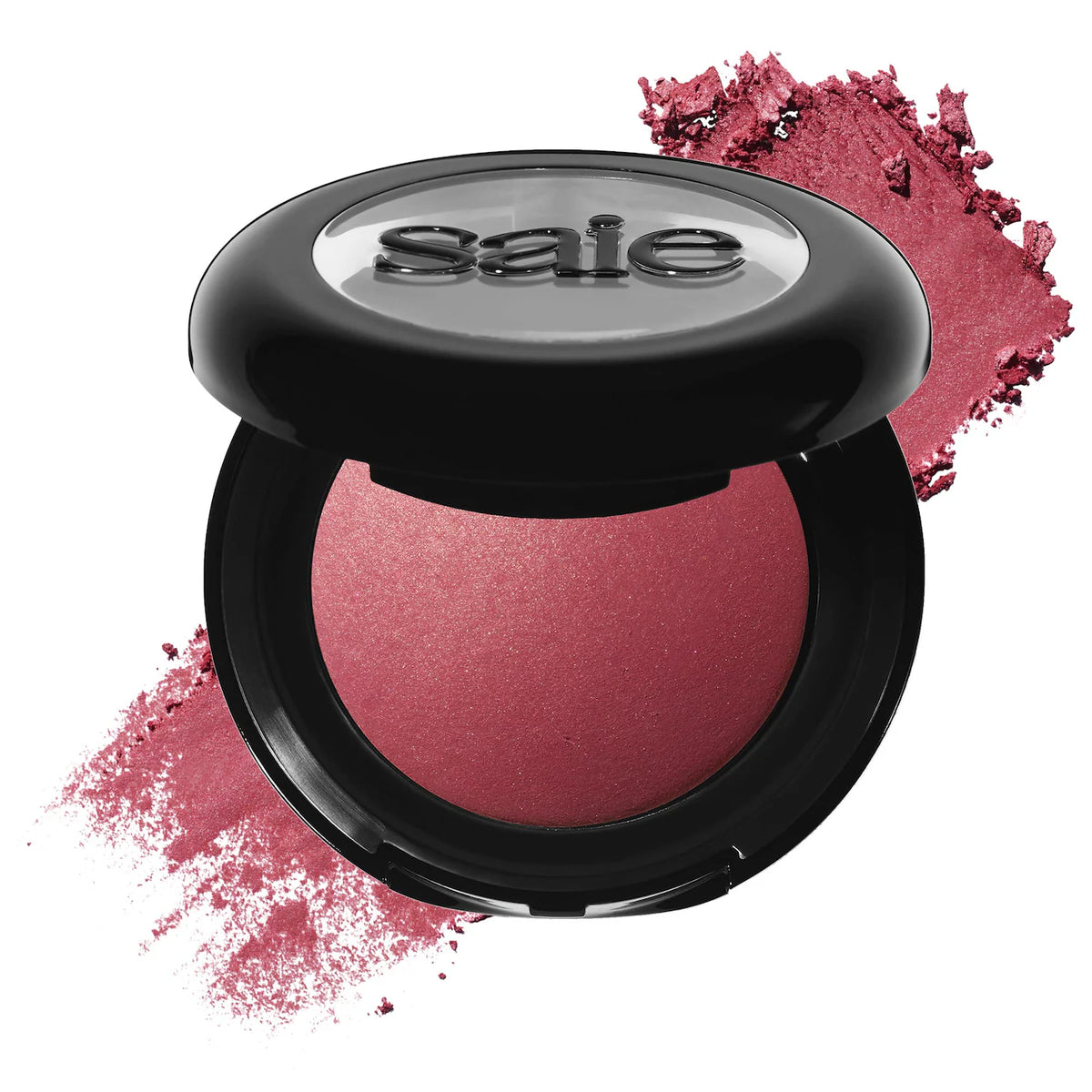 Saie Dew SuperSuede™ talc-free powder blush in various shades, featuring a close-up of the compact with natural light reflecting on the surface.