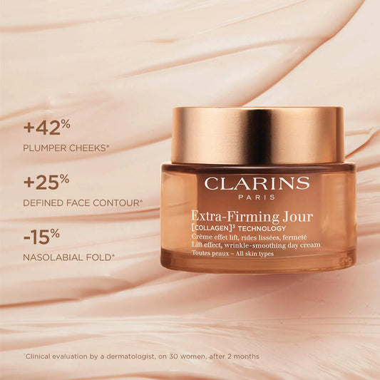 Clarins Extra-Firming Day cream for all skin types in a 50ml jar, unopened, with a smooth, luxurious skincare texture.