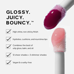 Saie Glossybounce™ High-Shine Hydrating Lip Gloss Oil in a clear tube, showing a glossy, shimmering lip gloss with a doe-foot applicator.