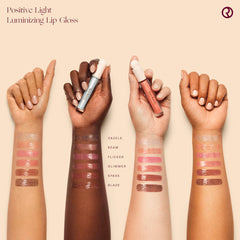Rare Beauty Positive Light Luminizing Lip Gloss in various shades, featuring a glossy finish and sleek packaging.