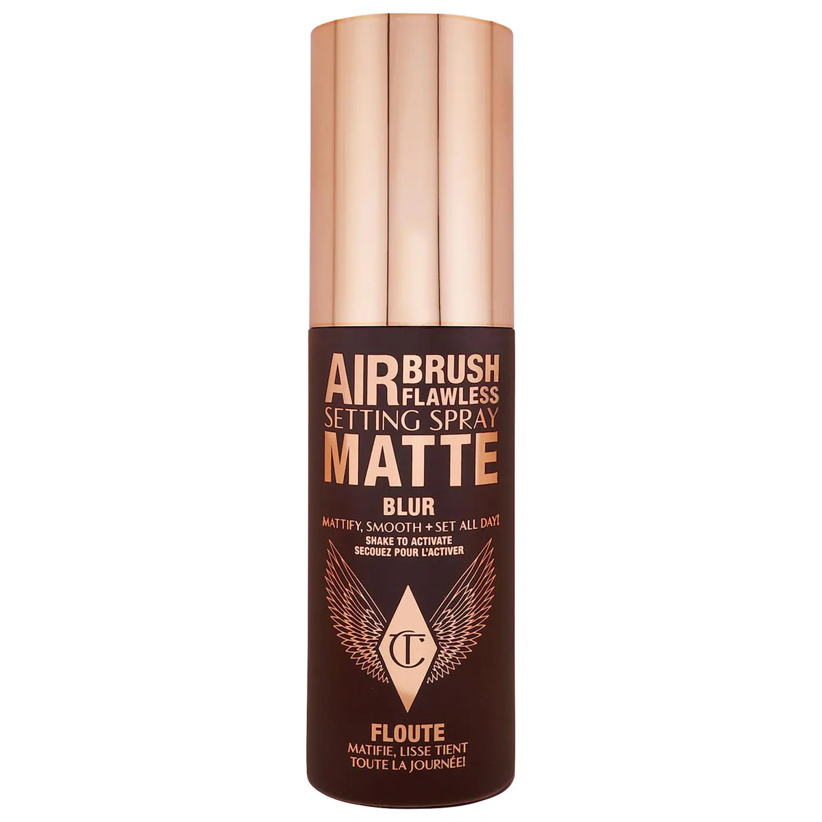 Charlotte Tilbury Airbrush Flawless Matte setting spray in 34ml bottle, featuring a sleek design for matte, waterproof makeup setting