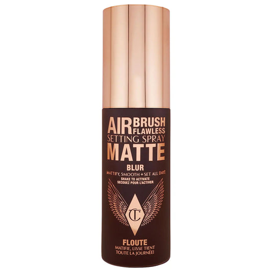 Charlotte Tilbury Airbrush Flawless Matte setting spray in 34ml bottle, featuring a sleek design for matte, waterproof makeup setting