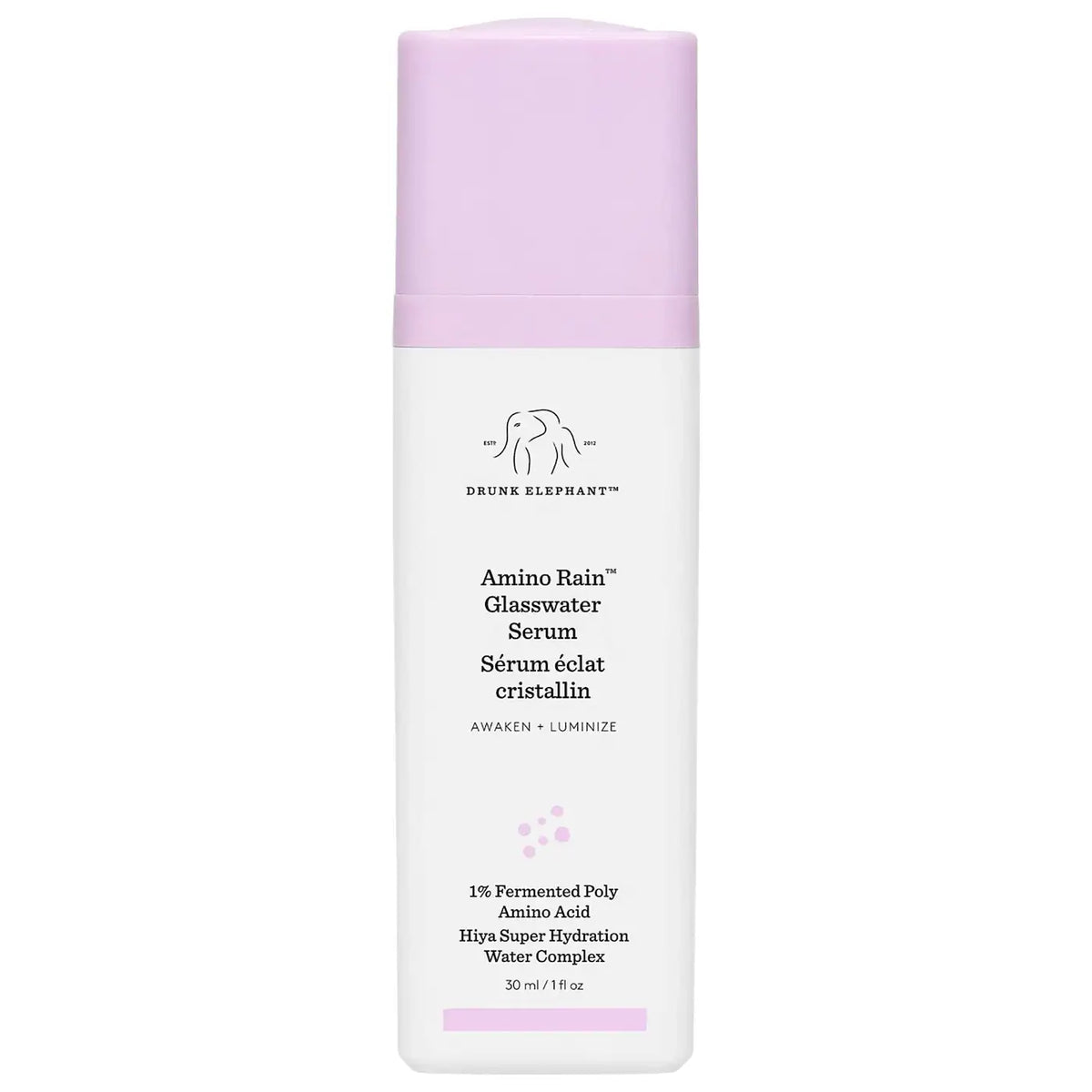 Drunk Elephant Amino Rain™ Glasswater Serum 30ml bottle, clear liquid skincare product with minimalist packaging.