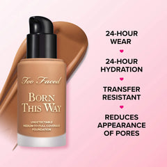 Too Faced Born This Way Foundation in Sable, unopened beauty product with sleek packaging and applicator in the image