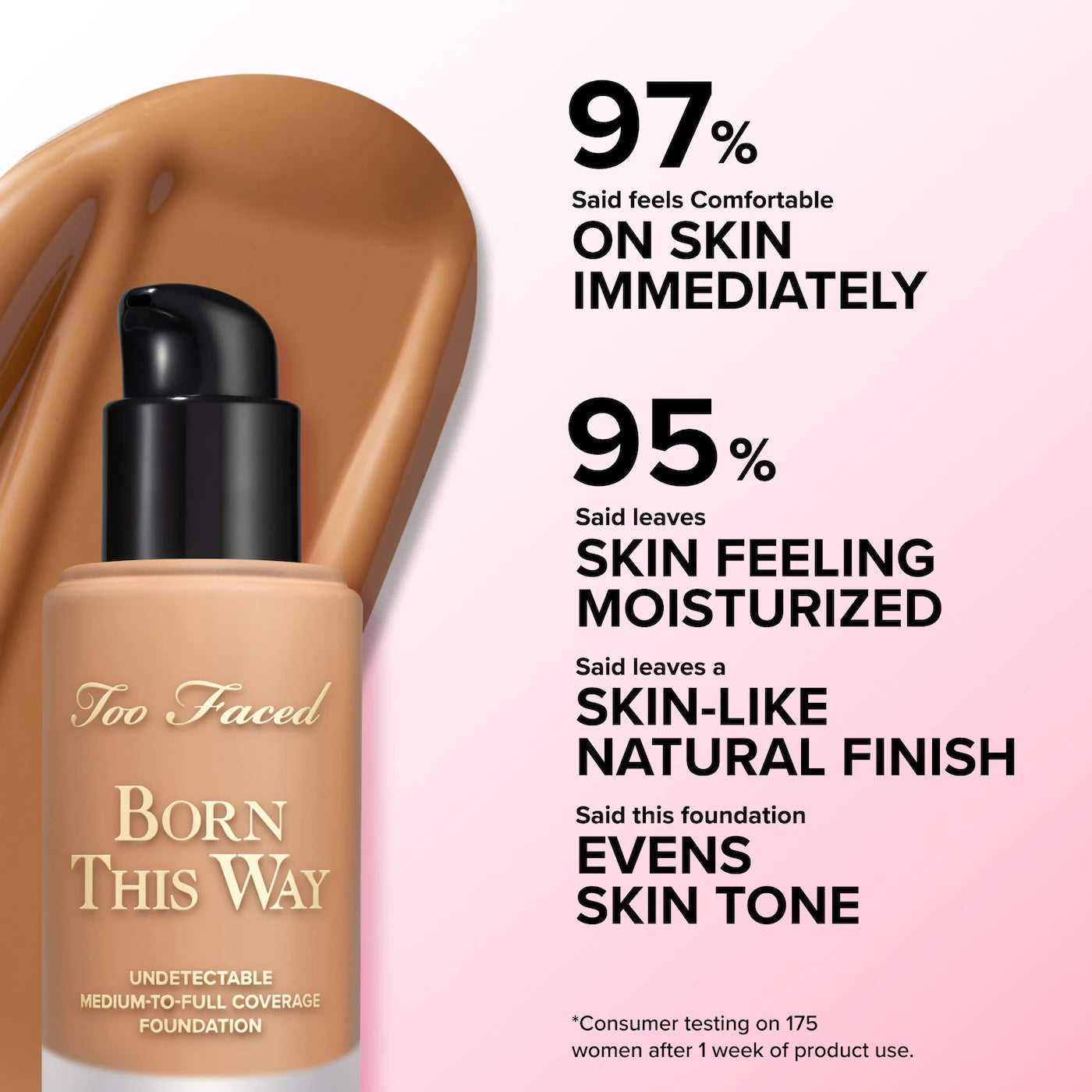 Too Faced Born This Way foundation in Sable, unopened bottle, with sleek black packaging and brand logo visible.