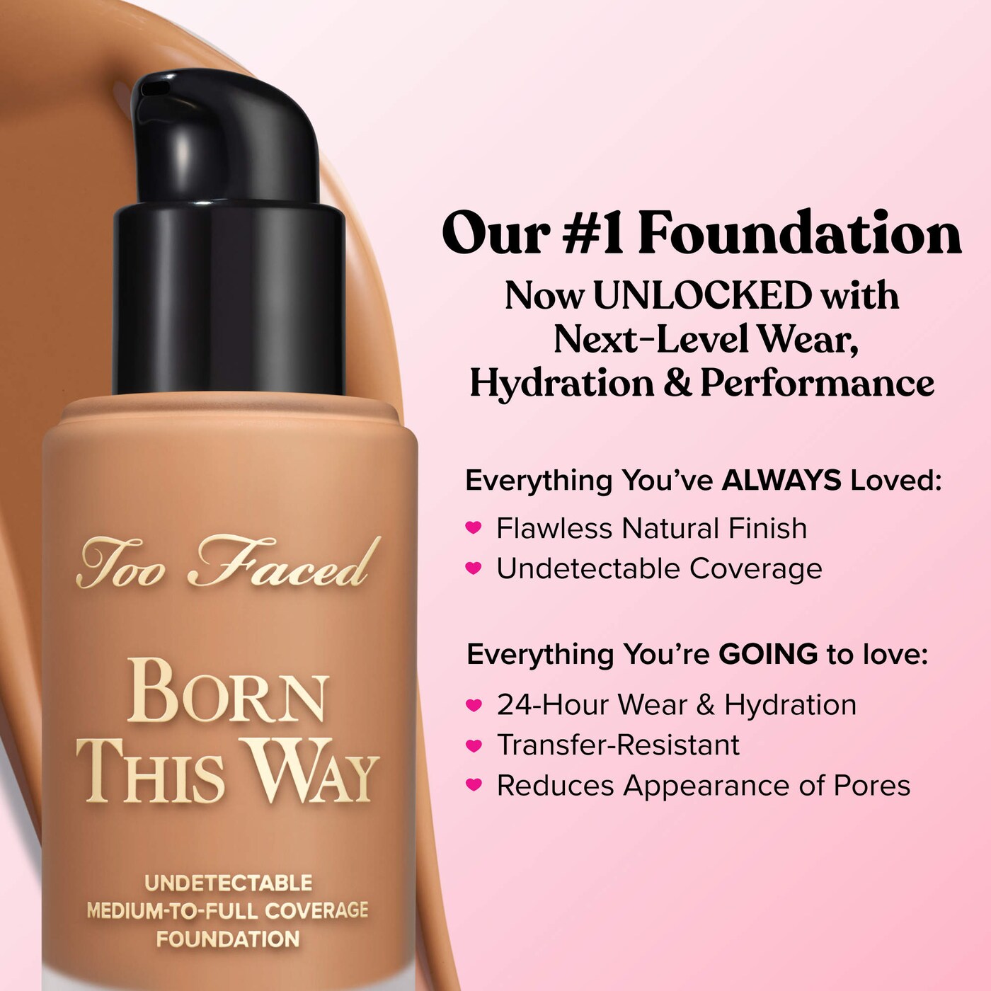 Too Faced Born This Way Foundation in Sable, unopened, featuring a sleek bottle with a pump dispenser for flawless makeup application.