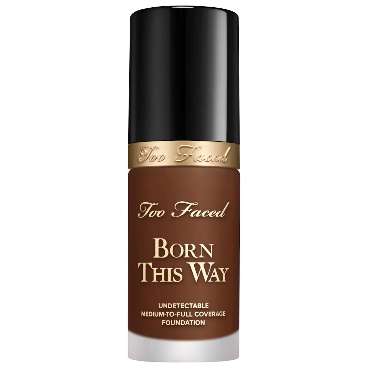 Too Faced Born This Way Foundation in Sable, new in box, showing the bottle with beige liquid foundation and black cap.