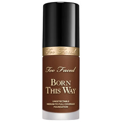 Too Faced Born This Way Foundation in Sable, new in box, showing the bottle with beige liquid foundation and black cap.