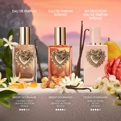 Dolce&Gabbana My Devotion Eau de Parfum Intense bottle with peony and vanilla, 50ml, unopened, close-up of the fragrance bottle.