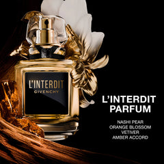 Givenchy L'Interdit Parfum Eau de Parfum 80ml bottle with elegant packaging and floral accents, showcasing luxury beauty fragrance.