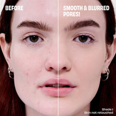 Benefit Cosmetics POREfessional smoothing and blurring foundation in various shades, close-up of the product bottle with label.
