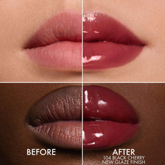 Dior Lip Glow Oil hydrating high-shine gloss in three finishes, new in box, showing applicator and glossy lips.