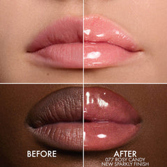 Dior Lip Glow Oil hydrating high-shine gloss with three finishes, displayed in a sleek tube, featuring a glossy, reflective surface.