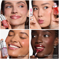 Dior Lip Glow Oil hydrating high-shine gloss in three finishes, new in box, with a clear applicator and glossy finish on lips.