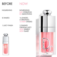 Dior Lip Glow Oil hydrating high-shine gloss in three finishes, displayed in a clear tube with a silver cap.