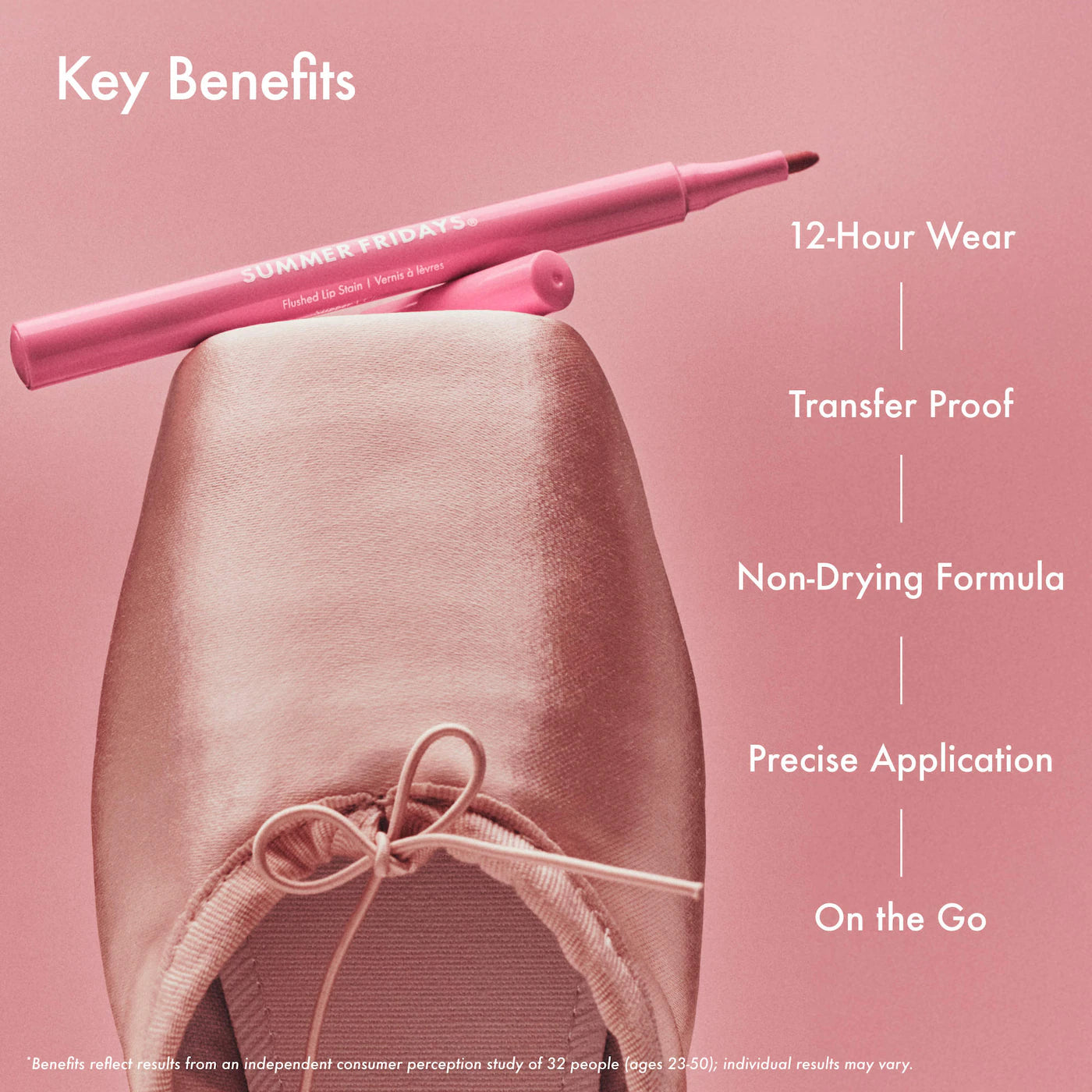 Summer Fridays Flushed Lip Stain 12HR long-lasting lip tint in various shades, with a close-up of the product applicator and packaging.
