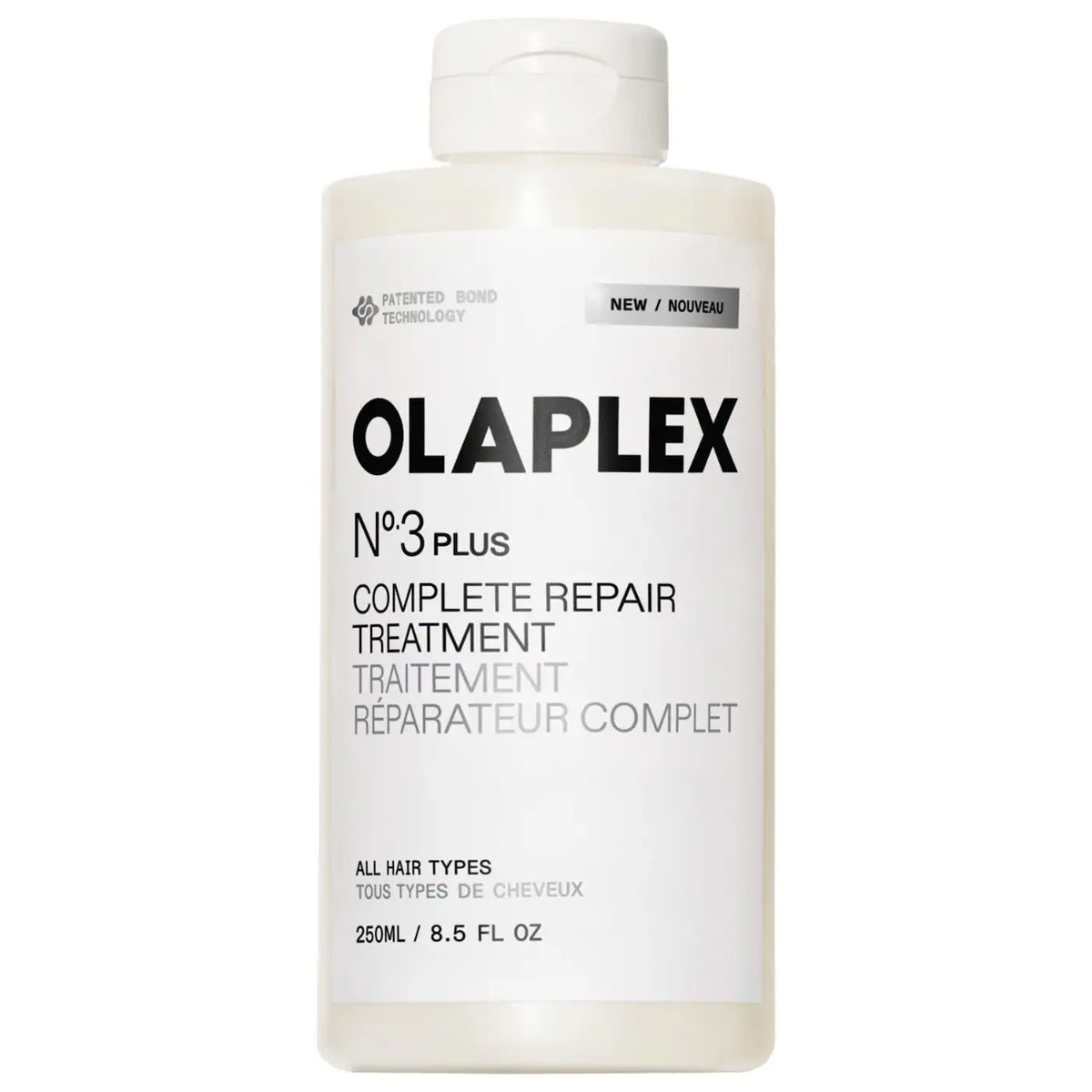 Olaplex No.3PLUS Bond Repair Pre-Shampoo treatment bottle, 250ml, in a sleek white container with black cap, designed for hair care.