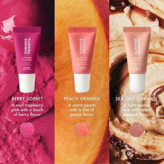 Summer Fridays Sweet Summer Minis Lip Butter Balm trio set featuring three different tinted lip balm tubes in natural packaging.