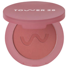 Tower 28 Beauty GetSet Blur + Set Matte Powder Blush in various shades, NIB, with a close-up of the product packaging and shades.