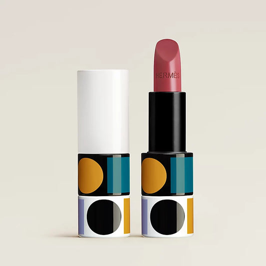 Hermès Rouge Hermès satin lipstick in Rose Mauve, 55, with elegant packaging and lipstick bullet visible.