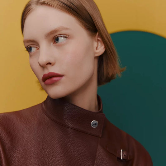 Hermès Rouge Hermès Satin Rose Mauve lipstick in 55 shade, featuring sleek packaging and a smooth, satin finish.