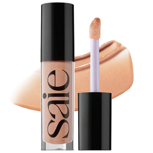 Saie Glossybounce high-shine hydrating lip gloss oil in multiple shades, showcasing its glossy, smooth texture and vibrant color.