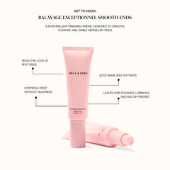 Mela & Kera Balayage Exceptionnel Smooth Ends 50ml hair treatment bottle and benefits graphic
