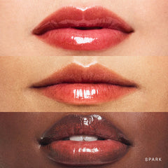 Rare Beauty Positive Light Luminizing Lip Gloss in various shades, featuring a sparkly, glossy finish on the lips.