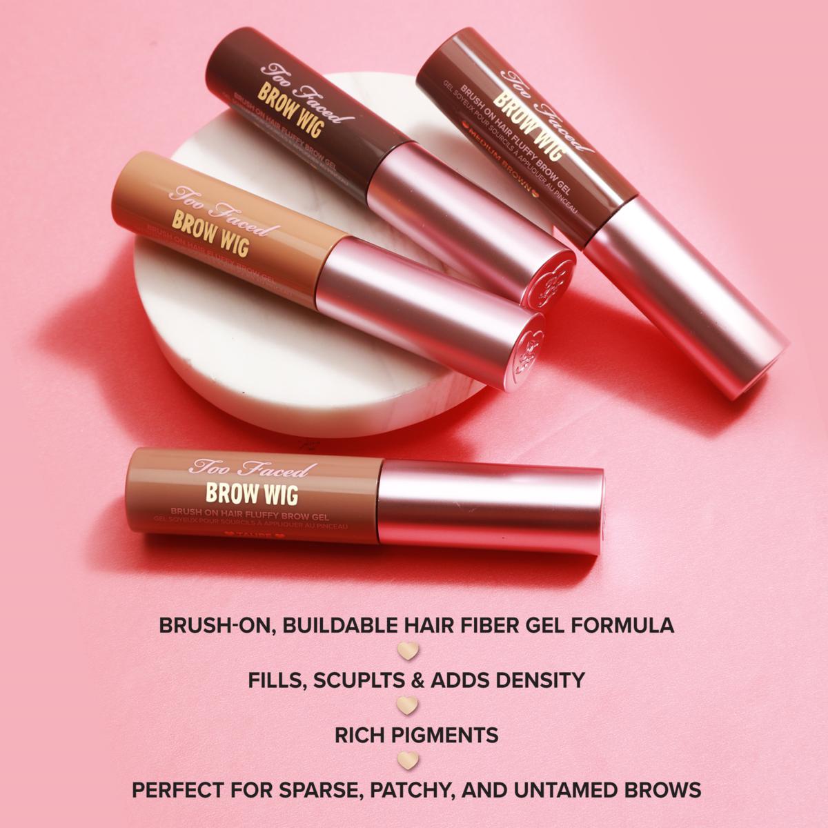 Too Faced Brow Wig brush-on brow gel in various shades, natural finish, with applicator visible in the image.