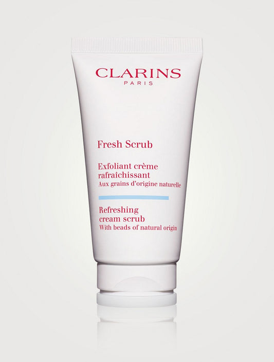 Clarins Fresh Scrub 50ml tube featuring the Clarins logo and product packaging, ideal for facial exfoliation and skin renewal