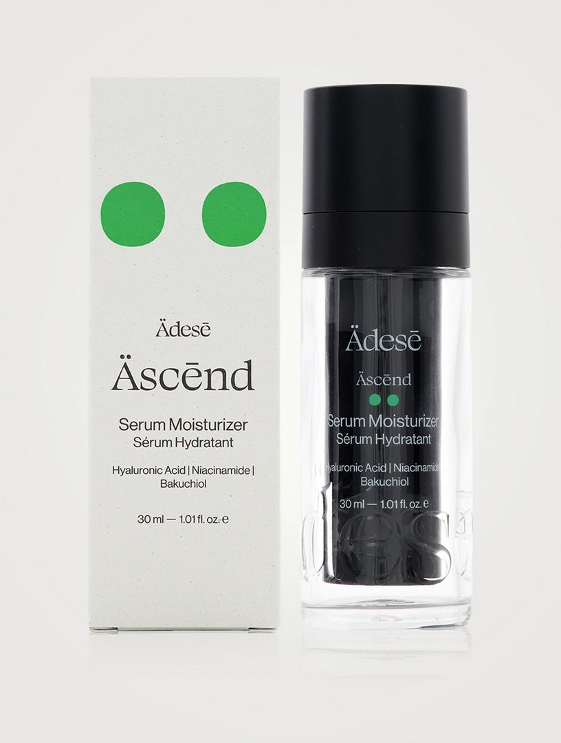 ÄDESĒ Äscēnd The Serum Moisturizer 30ml bottle, clear glass with pump, on a neutral background, showcasing the skincare product.