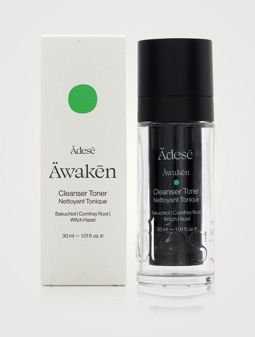 ÄDESĒ Äwakēn The Cleanser Toner in 30ml bottle, featuring clear liquid and minimalist packaging, for skincare use.