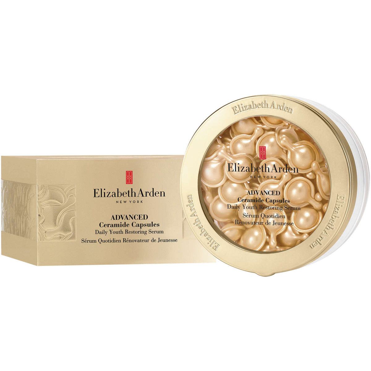 White jar of Elizabeth Arden Advanced Ceramide Capsules Daily Youth Restoring Serum with 60 capsules, showcasing the skincare product.