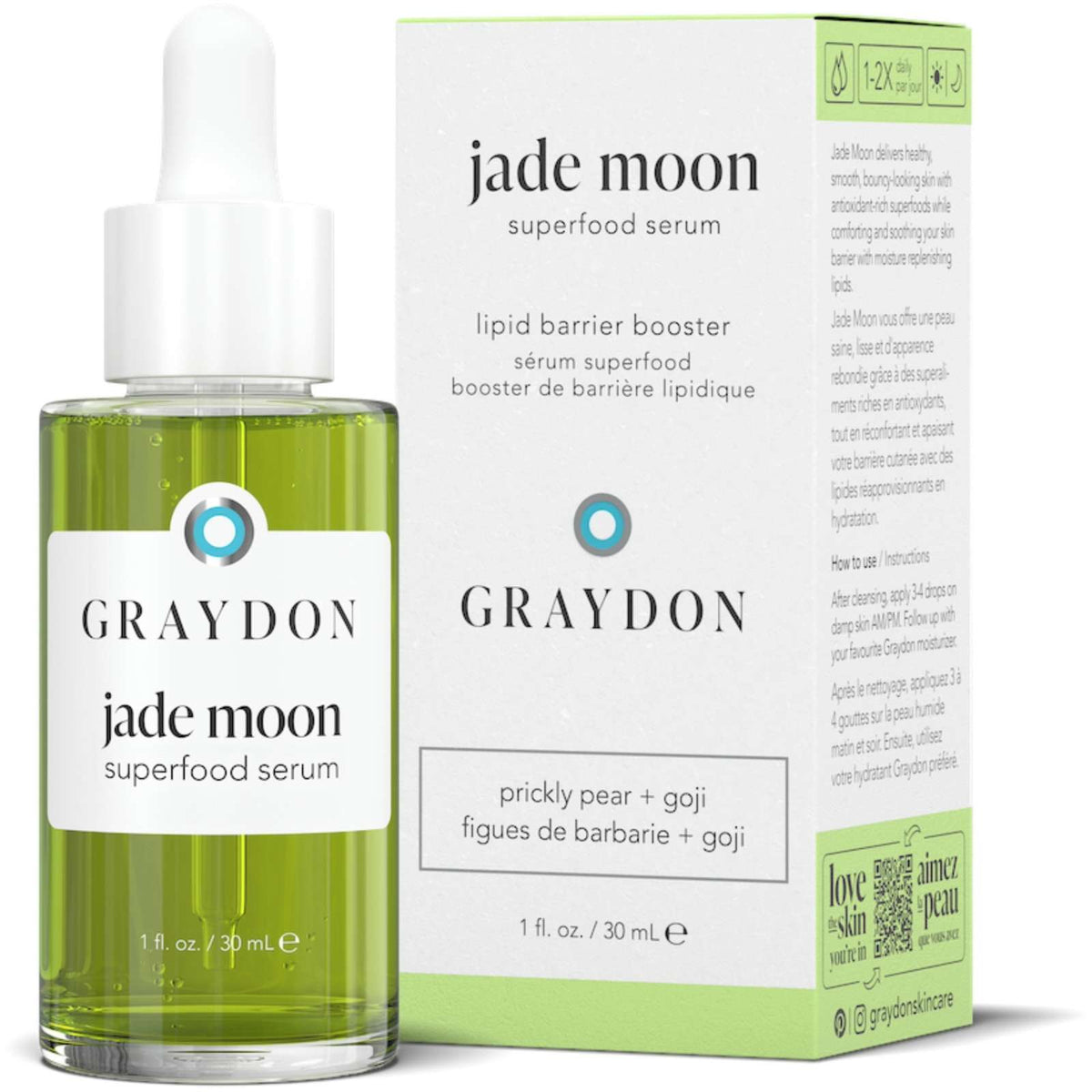 Graydon Skincare Jade Moon Superfood Serum bottle with white cap, showcasing the lipid barrier booster for skin nourishment.