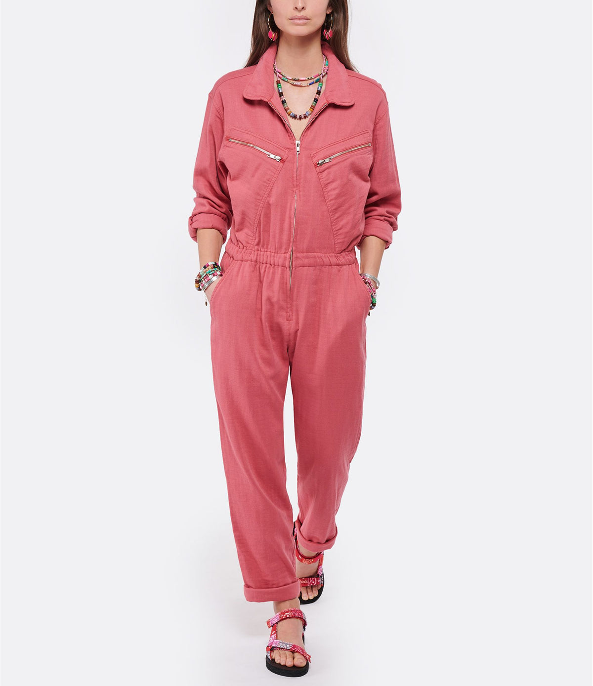 Pink Xirena Jaymes cotton jumpsuit in size small, featuring a relaxed fit and stylish design, perfect for casual wear.