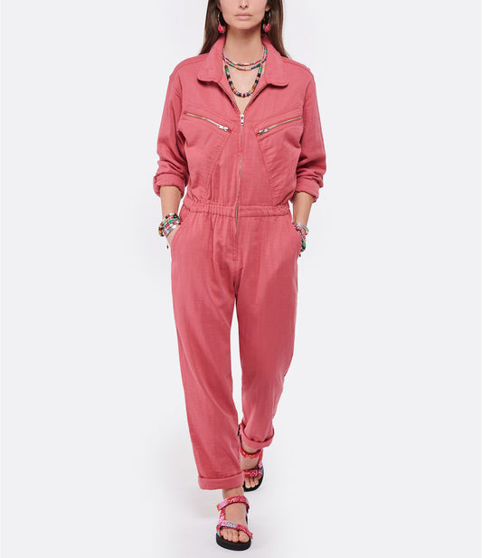 Pink Xirena Jaymes cotton jumpsuit in size small, featuring a relaxed fit and stylish design, perfect for casual wear.
